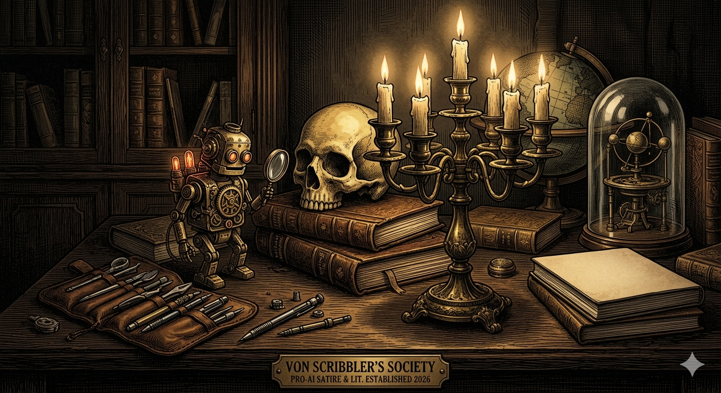 A Victorian scholar's desk with candelabra, skull, books, and a small brass robot holding a magnifying glass