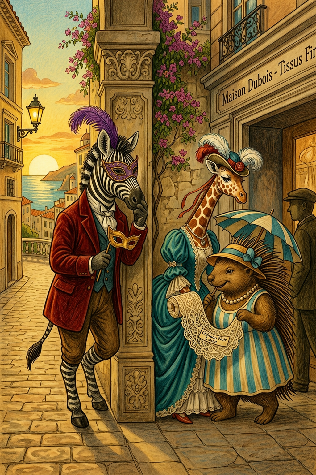 Sir Stripes Wellington encounters the Countess Giraffieri and a hedgehog of refined taste — the Lace Affair