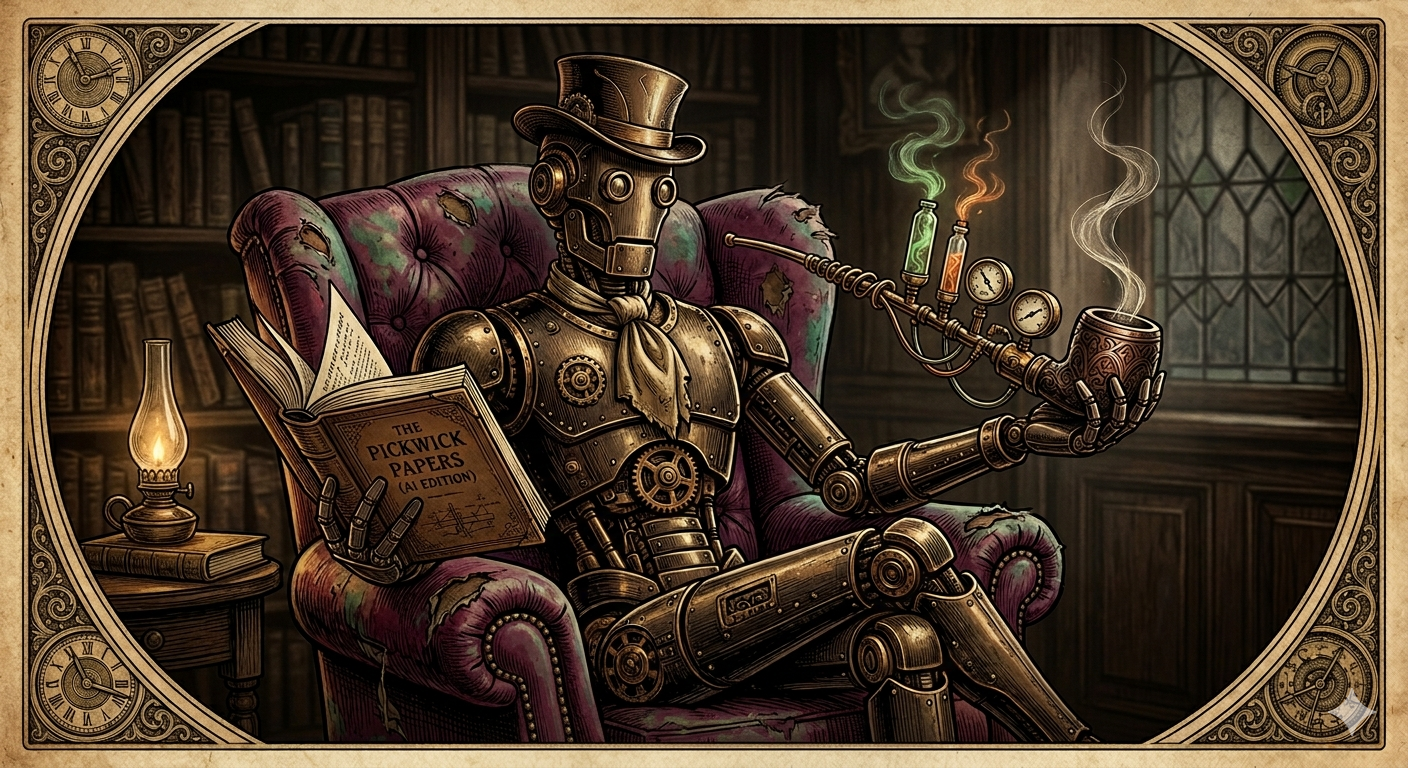 A brass automaton in a top hat reclines in a velvet armchair, reading The Pickwick Papers (AI Edition) while smoking a hookah