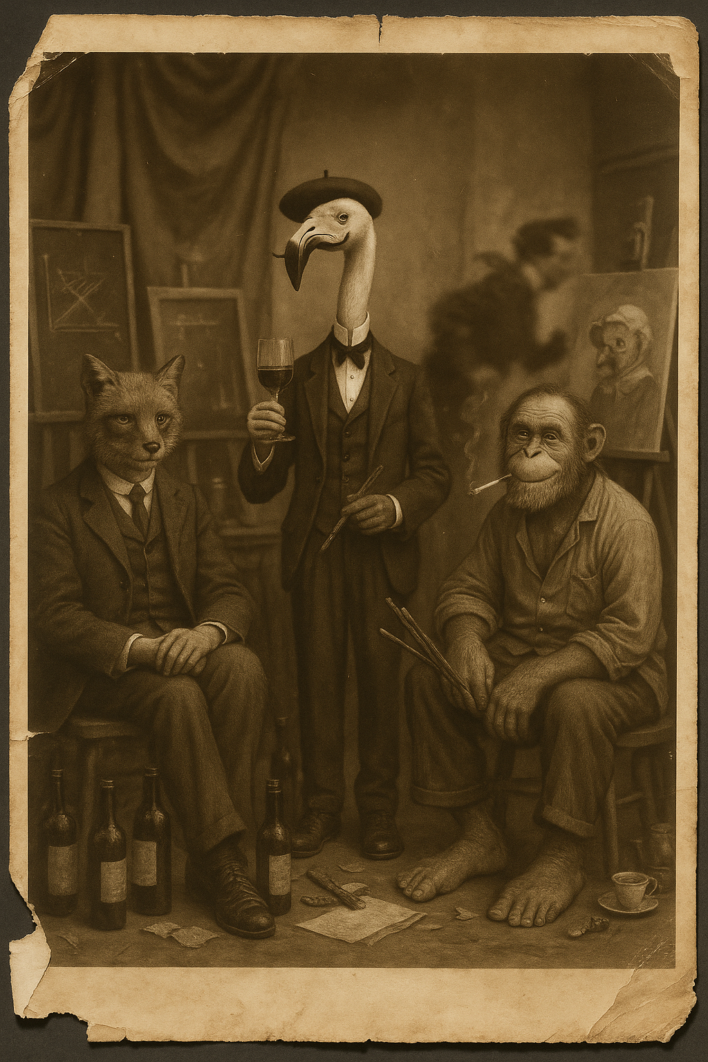 The studio portrait: fox, Dodo in beret, chimp