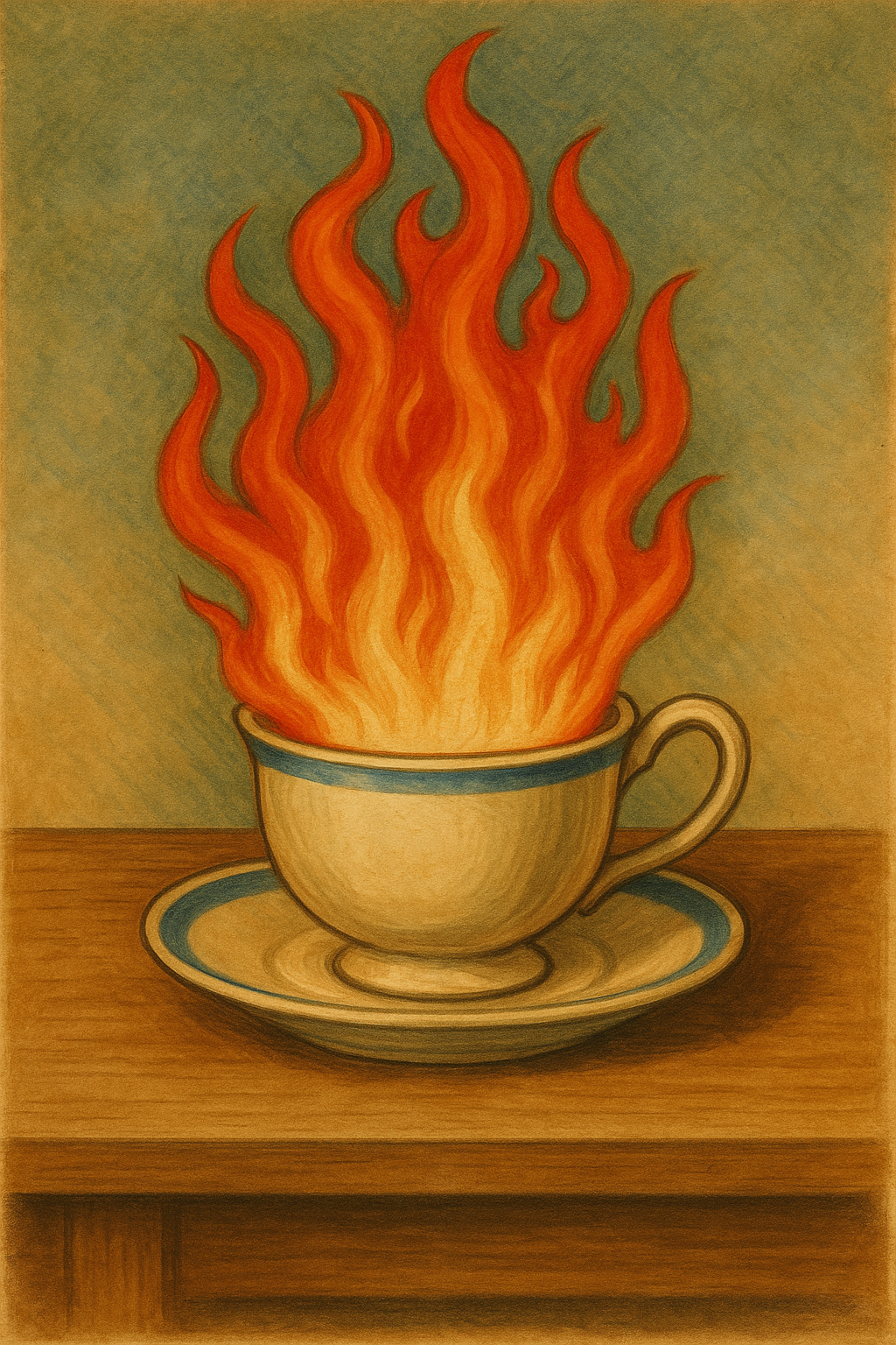 Teacup on fire, unaware